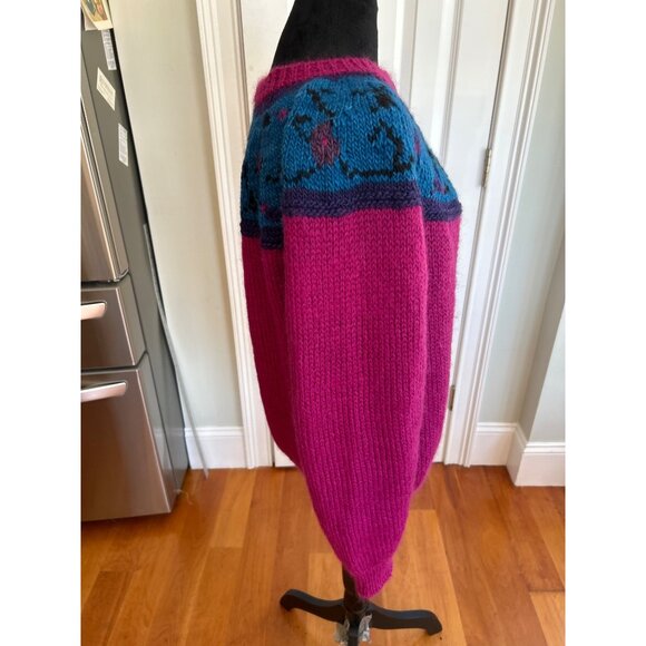 Vtg Manos Del Uruguay Handknit Wool Cardigan Sweater Fuchsia Blue L - Picture 6 of 10